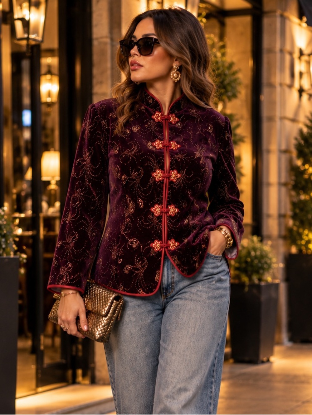 Vintage Plum Velvet Frog Closure Jacket Gold Paisley Mandarin MED